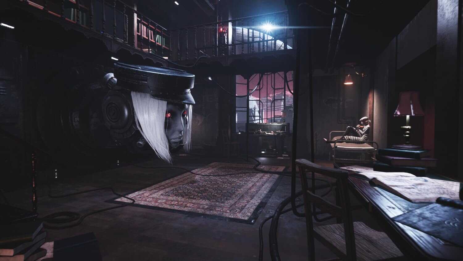 Dark interior scene from Luna Abyss: Adrift Edition with futuristic machinery and furniture.