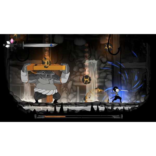 Gameplay scene from Gameware Gurei showing a battle with a large robot and a character using blue-gi.