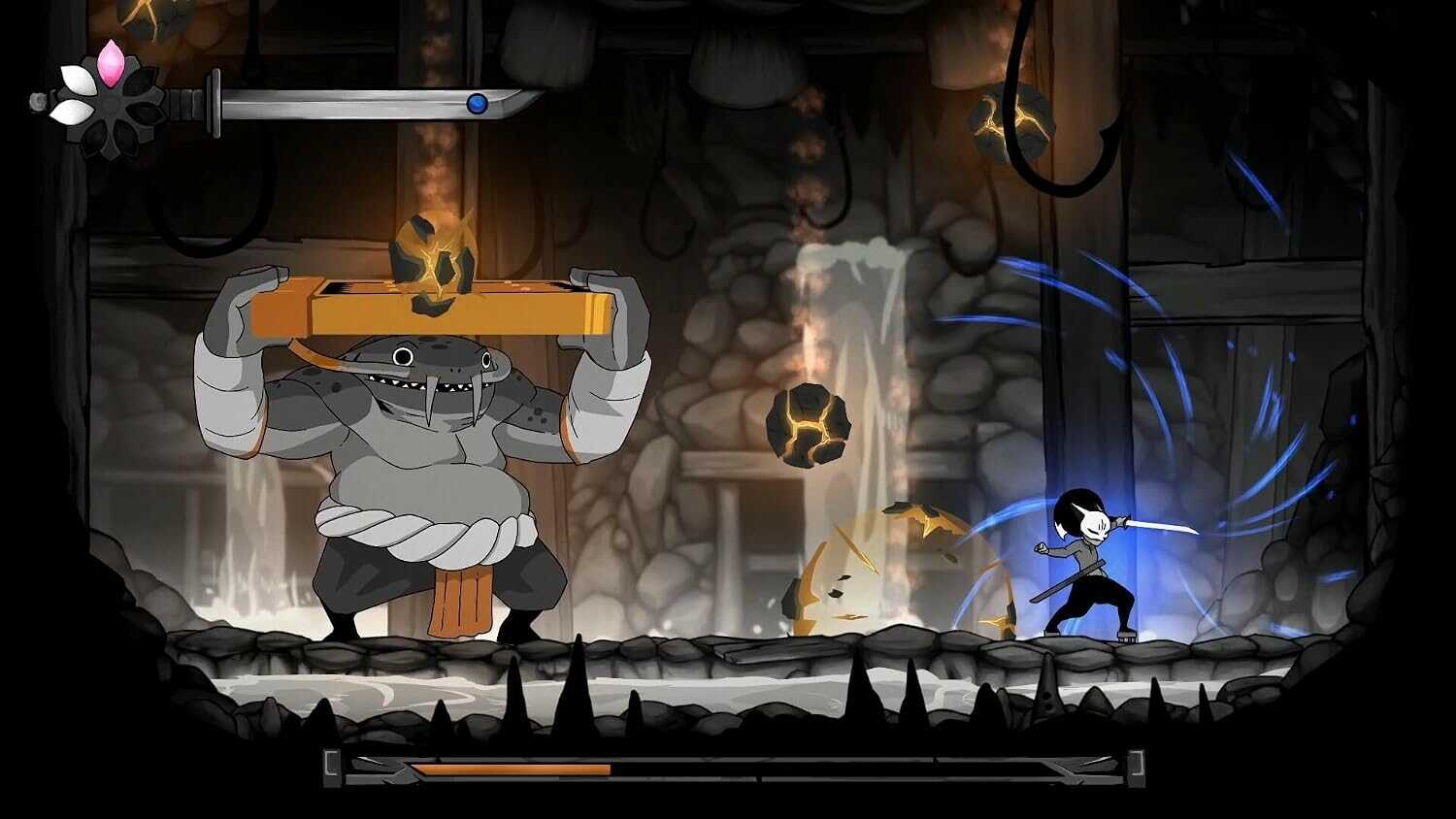 Gameplay scene from Gameware Gurei showing a battle with a large robot and a character using blue-gi.