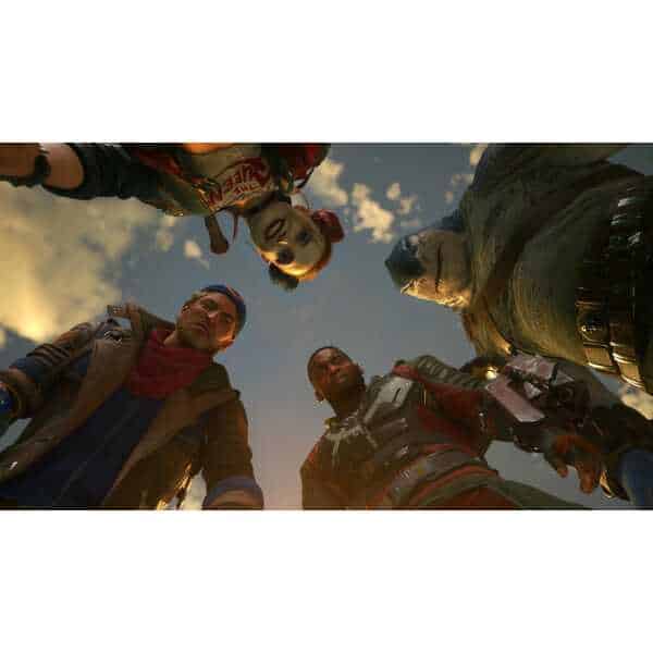 Group of diverse video game characters looking down at the camera outdoors.