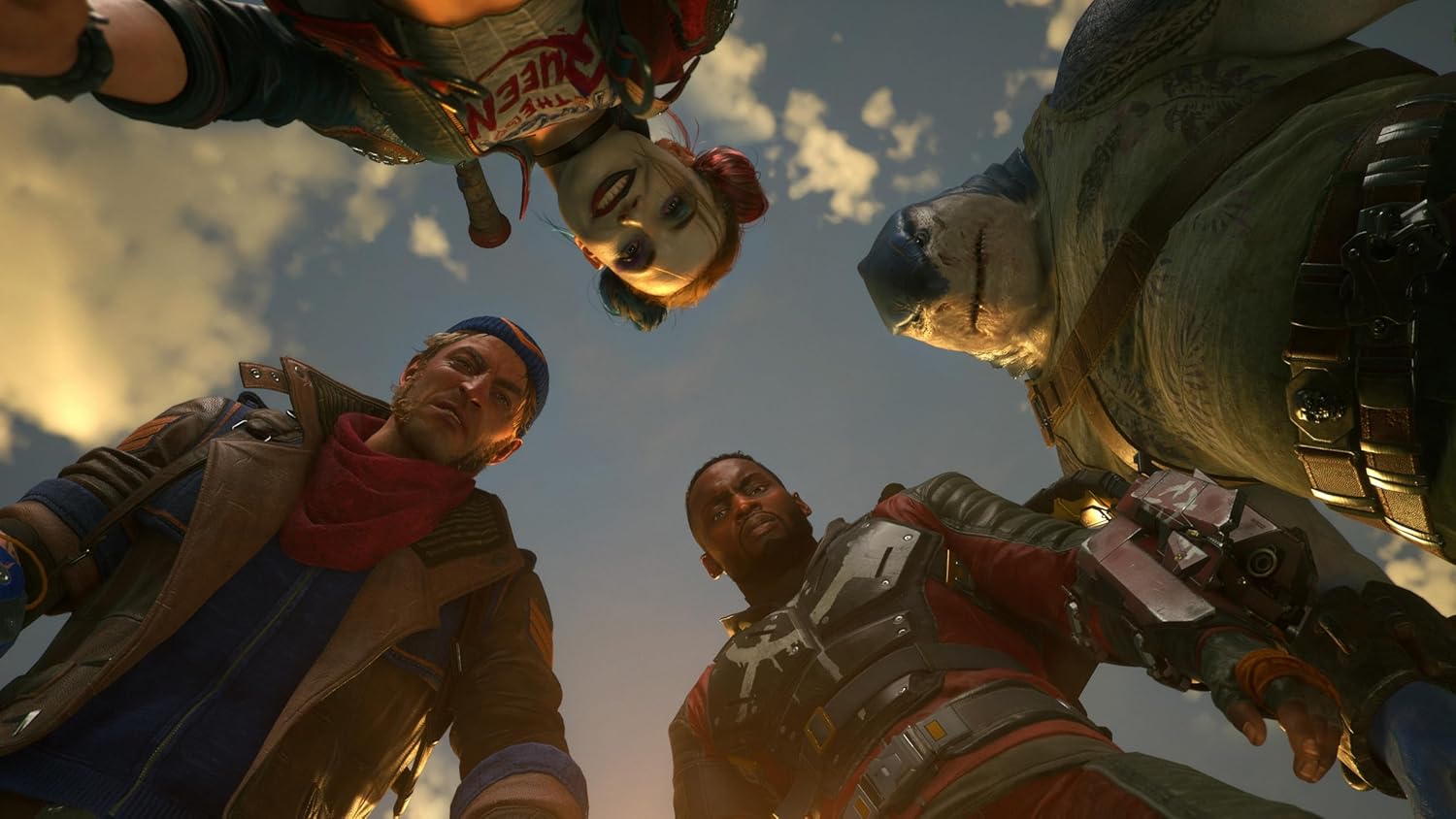 Group of diverse video game characters looking down at the camera outdoors.