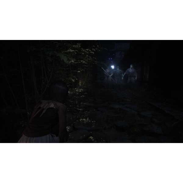 Nighttime horror game scene with two characters approaching a dark, eerie forest path illuminated by.