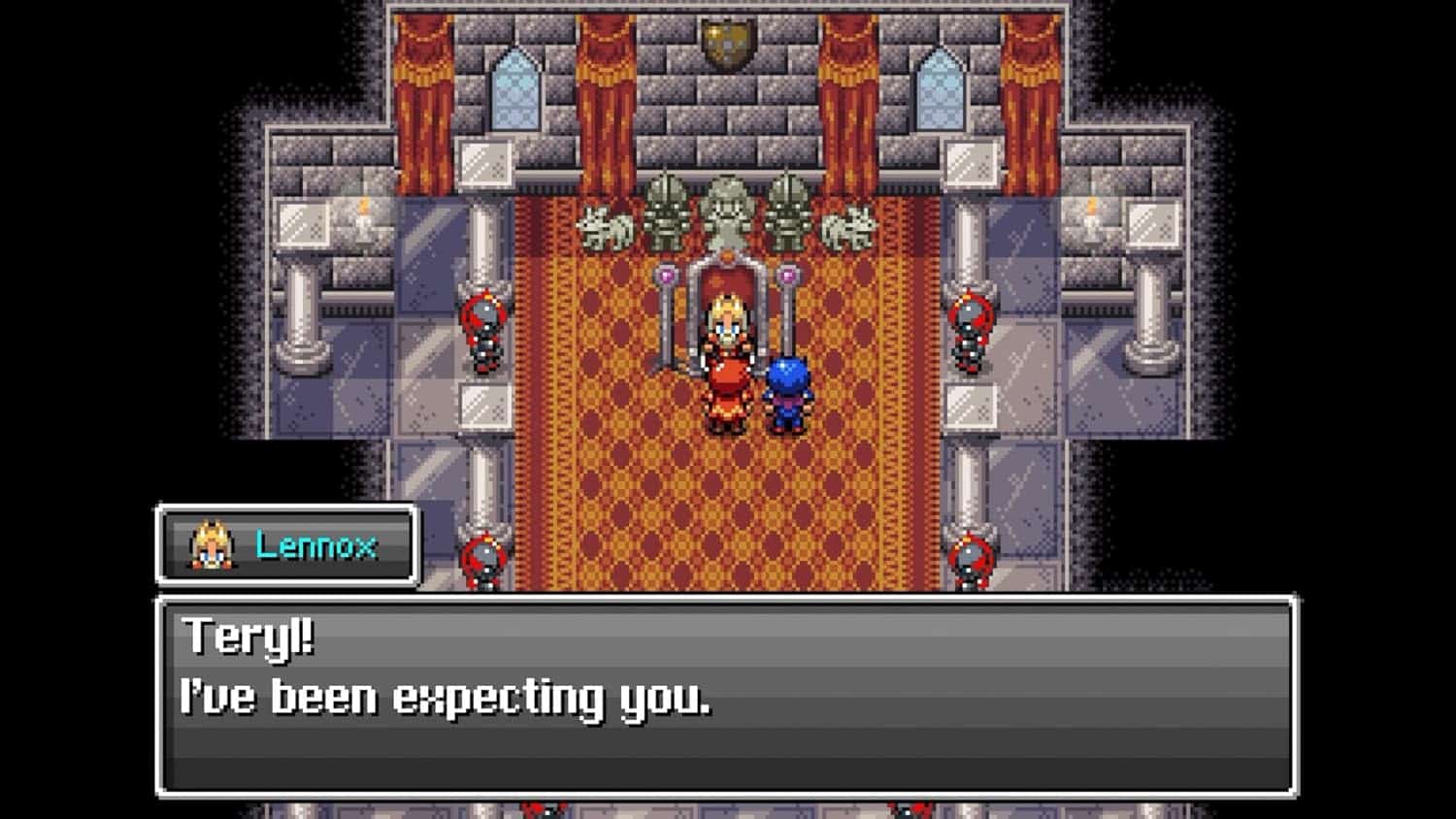 In-game scene from Starlight Legacy showing characters in a castle throne room.