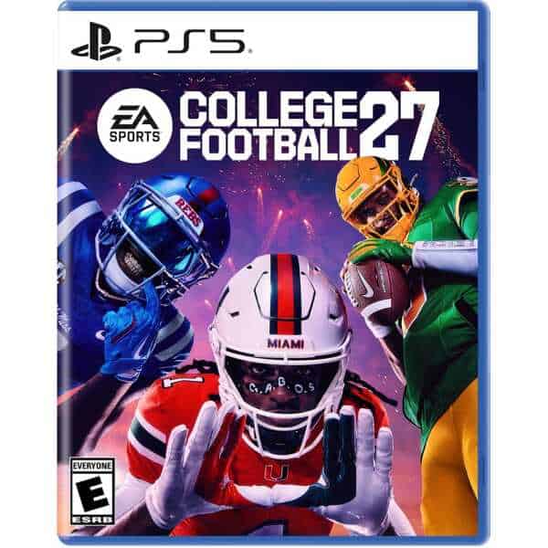 EA SPORTS College Football 27 PS5 game cover with football players in action.