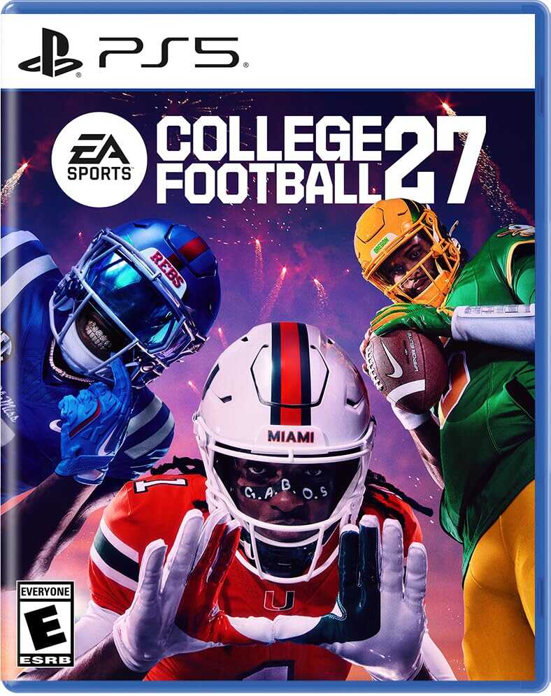 EA SPORTS College Football 27 PS5 game cover with football players in action.