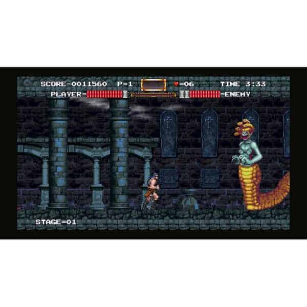 Retro pixel art scene from a classic video game with a hero fighting a monster in a dark castle.
