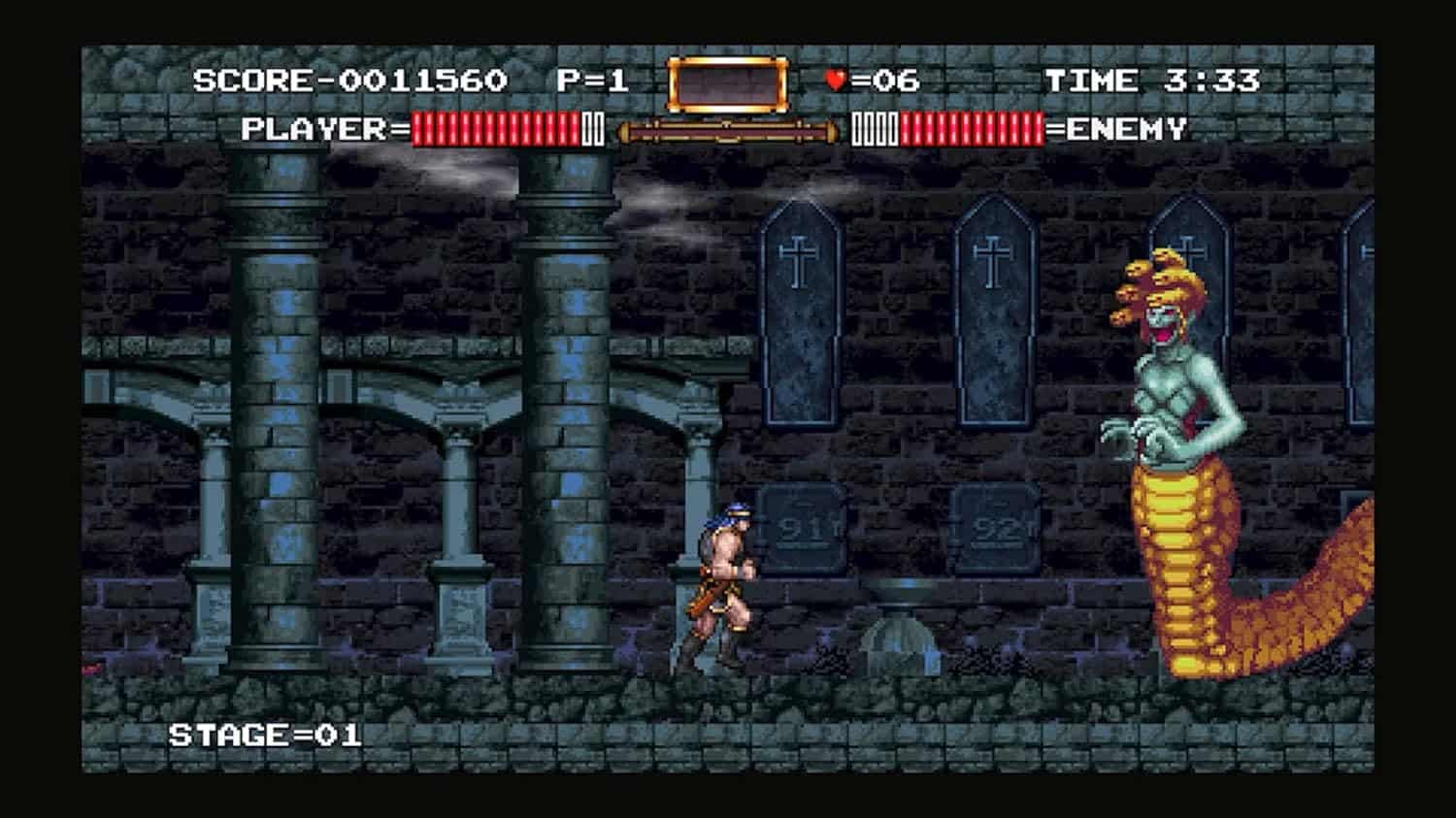 Retro pixel art scene from a classic video game with a hero fighting a monster in a dark castle.
