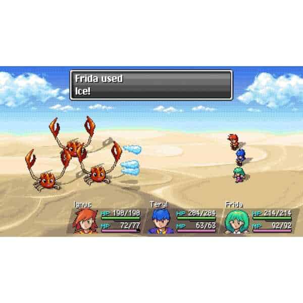 Pixel art of a crab-like creature attacking heroes in a fantasy game scene.