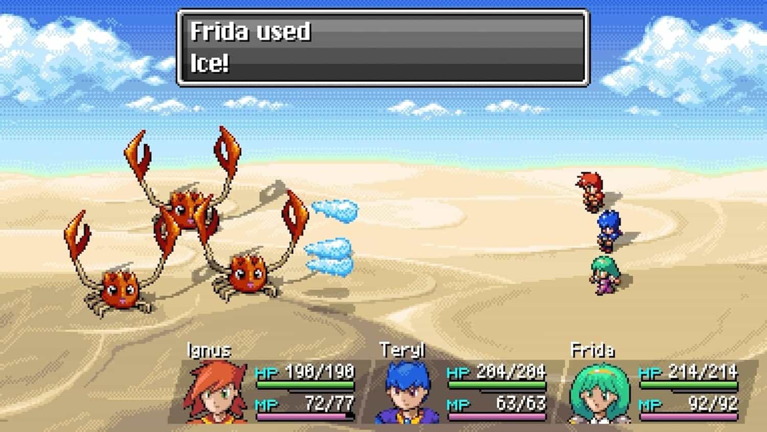 Pixel art of a crab-like creature attacking heroes in a fantasy game scene.