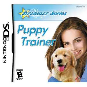 Puppy trainer game for Nintendo DS with a smiling woman and golden retriever puppy.