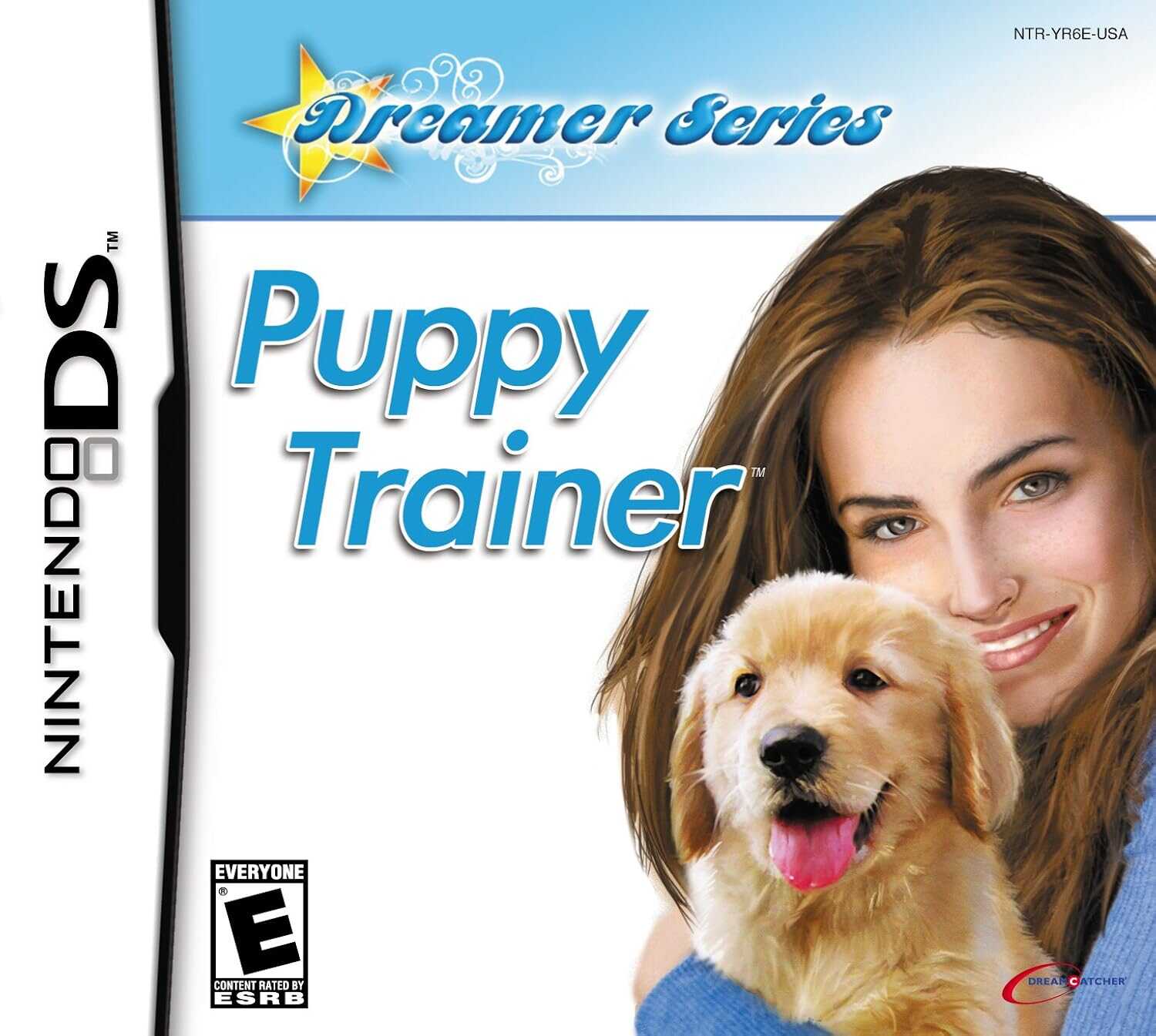 Puppy trainer game for Nintendo DS with a smiling woman and golden retriever puppy.