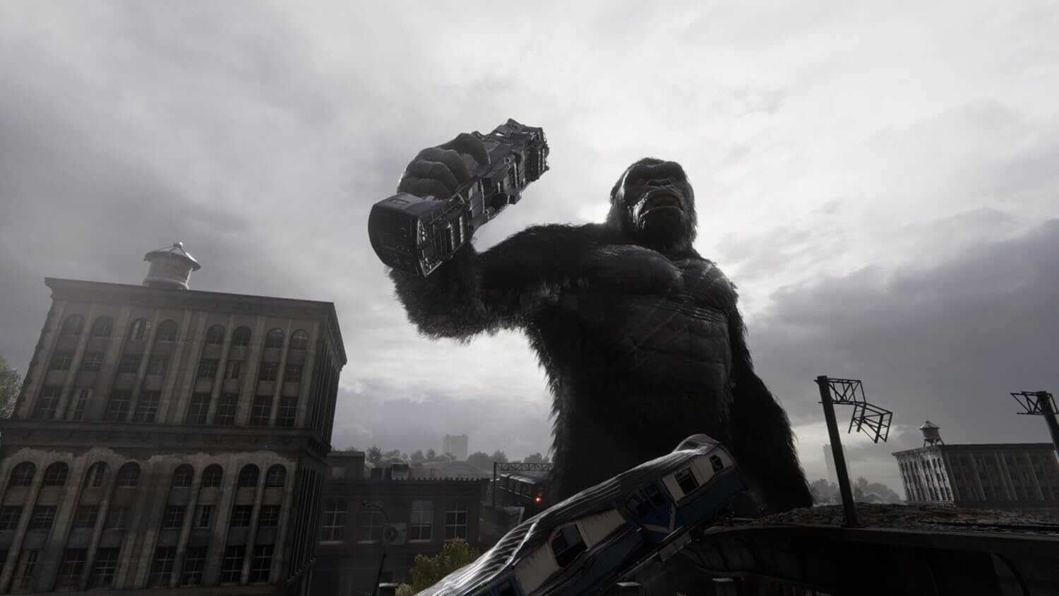 Giant gorilla statue holding a bus in an urban cityscape during cloudy weather.