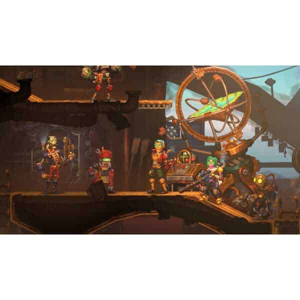 Steampunk-themed video game scene with characters and machinery.