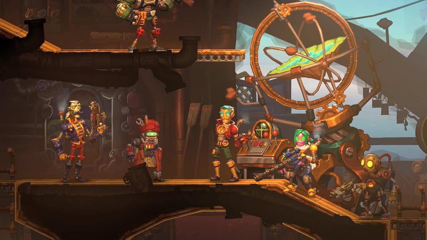 Steampunk-themed video game scene with characters and machinery.