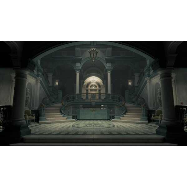 Elegant mansion interior with grand staircase and classical architecture.