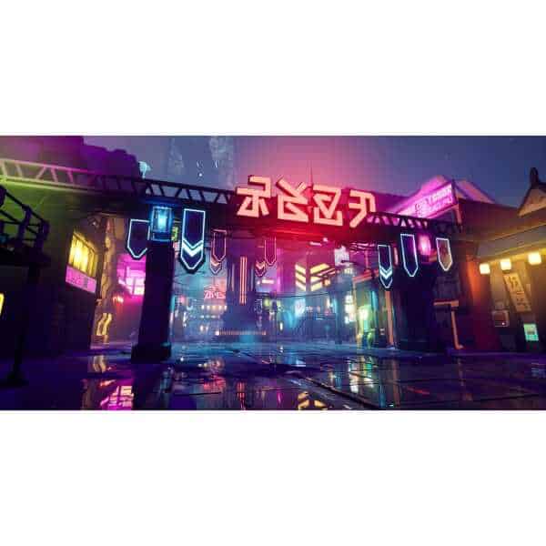 Neon-lit cyberpunk city street with vibrant signs and reflections at night.