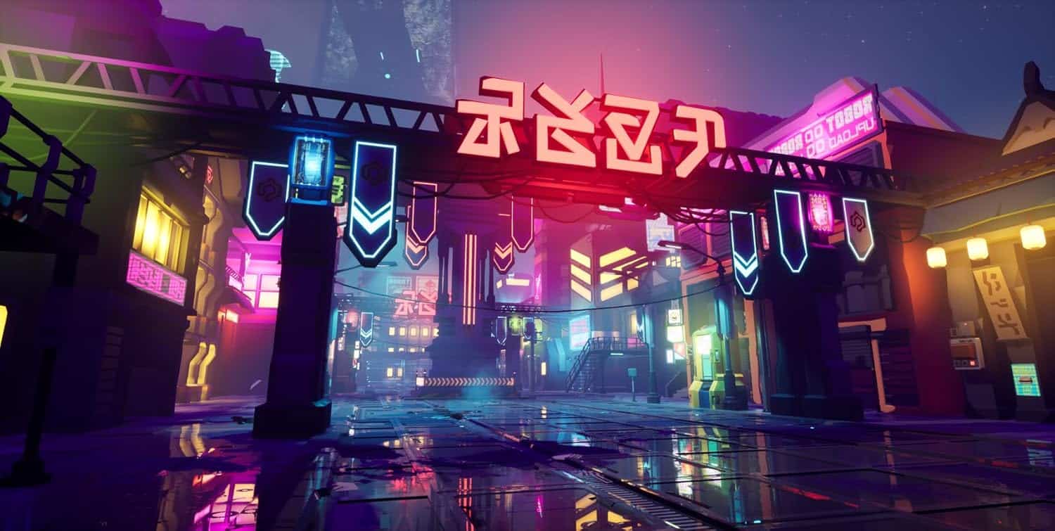 Neon-lit cyberpunk city street with vibrant signs and reflections at night.