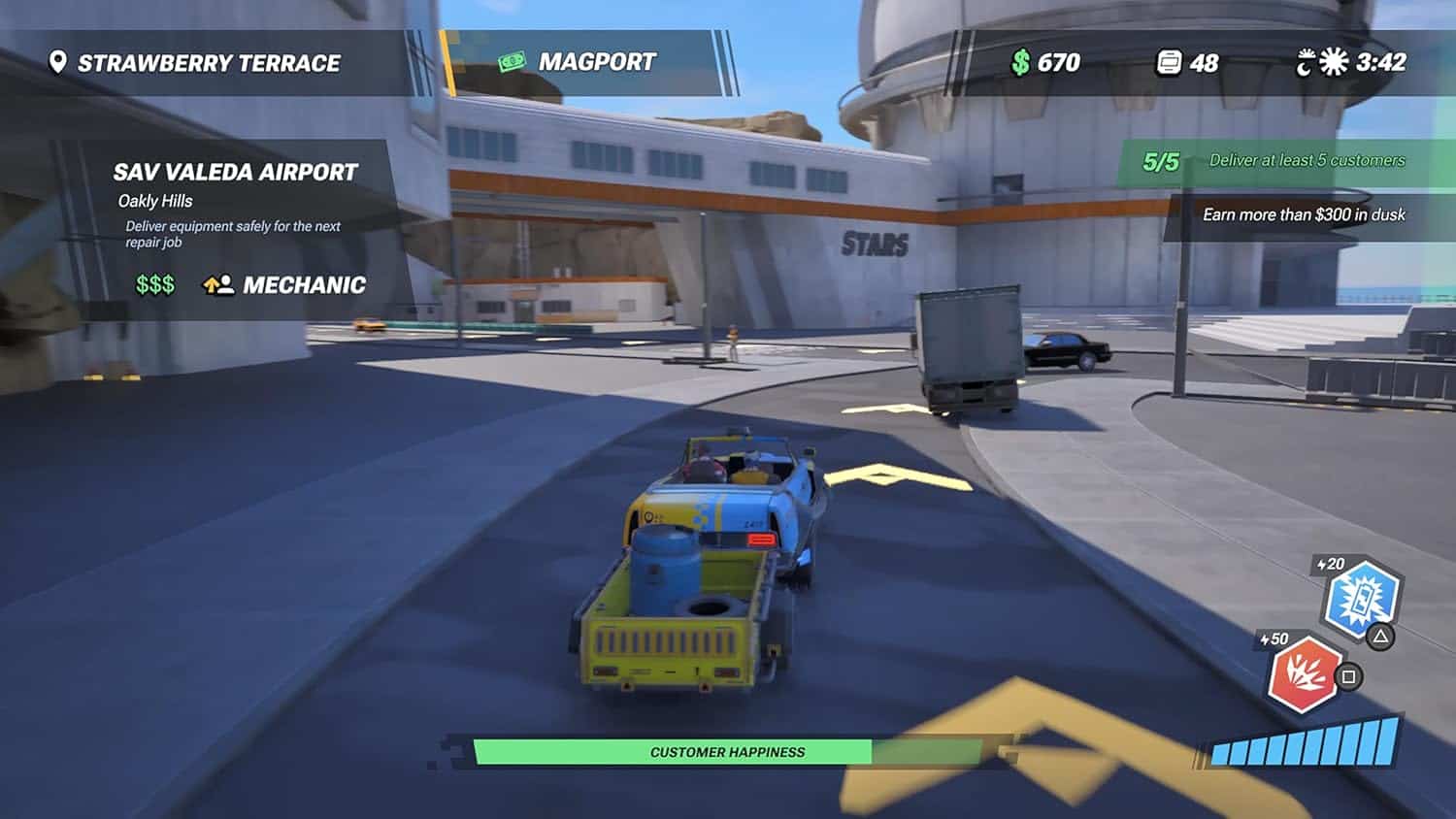 Taxi Chaos 2 gameplay scene with colorful taxis at the airport.