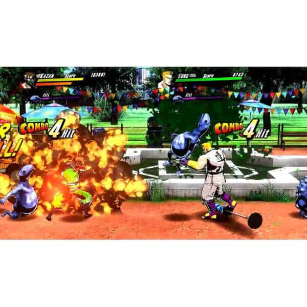 Action-packed scene from Rushing Beat X with fighters battling in colorful arena.