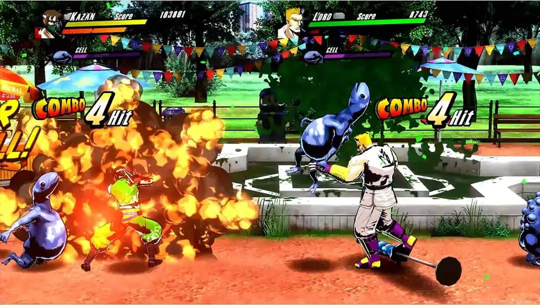 Action-packed scene from Rushing Beat X with fighters battling in colorful arena.