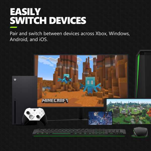 Gaming setup with Xbox, PC, and mobile devices for seamless switching.