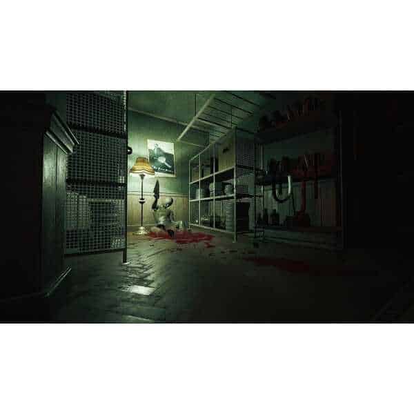 Dark, eerie room with bloodstains and unsettling decor from Layers of Fear.