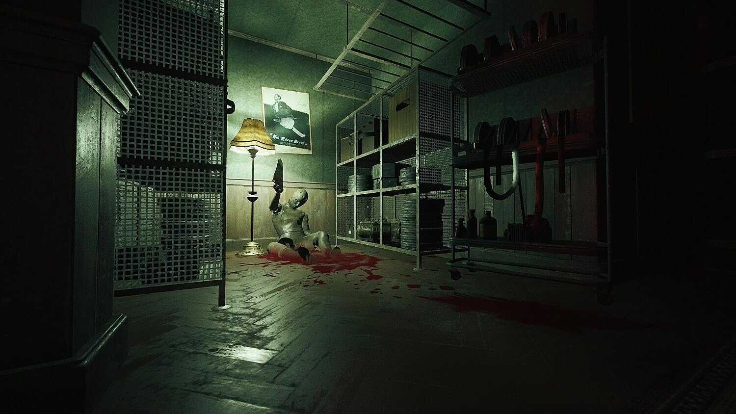 Dark, eerie room with bloodstains and unsettling decor from Layers of Fear.