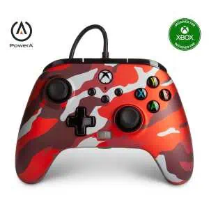 Red camouflage wired controller for Xbox Series X with colorful buttons.