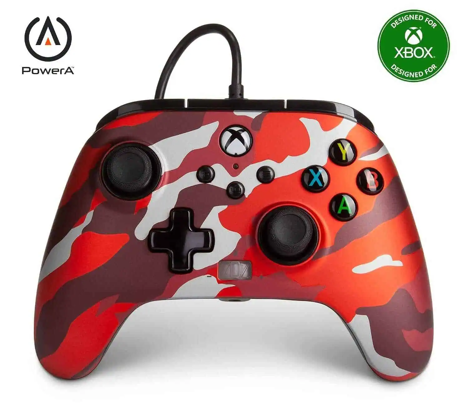 Red camouflage wired controller for Xbox Series X with colorful buttons.
