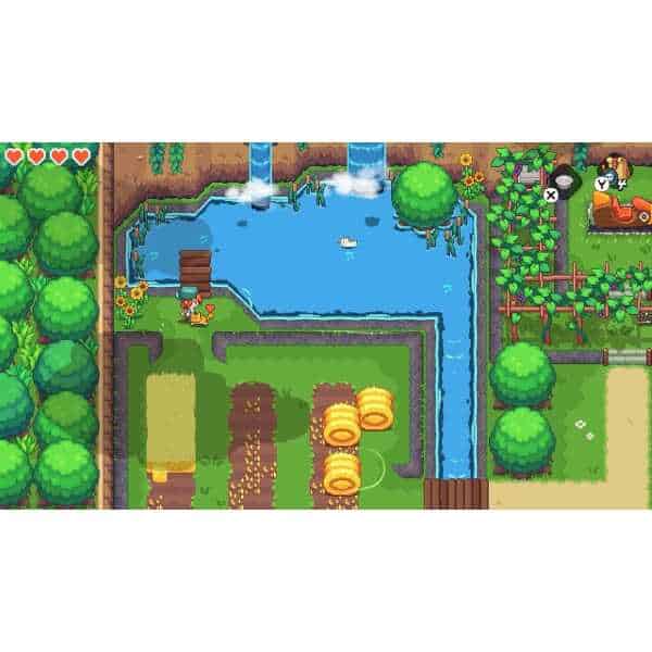 Colorful pixel art scene of a lush island with water features and farm elements.
