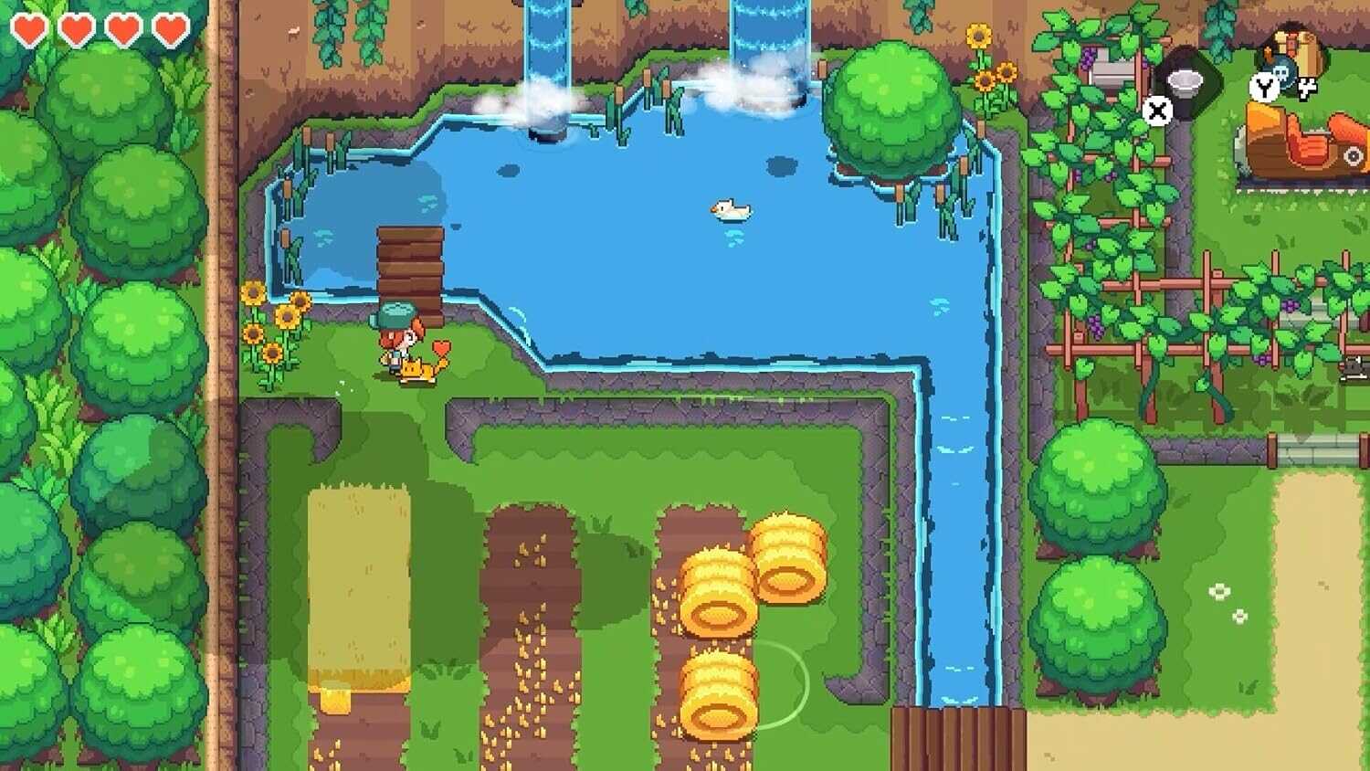 Colorful pixel art scene of a lush island with water features and farm elements.