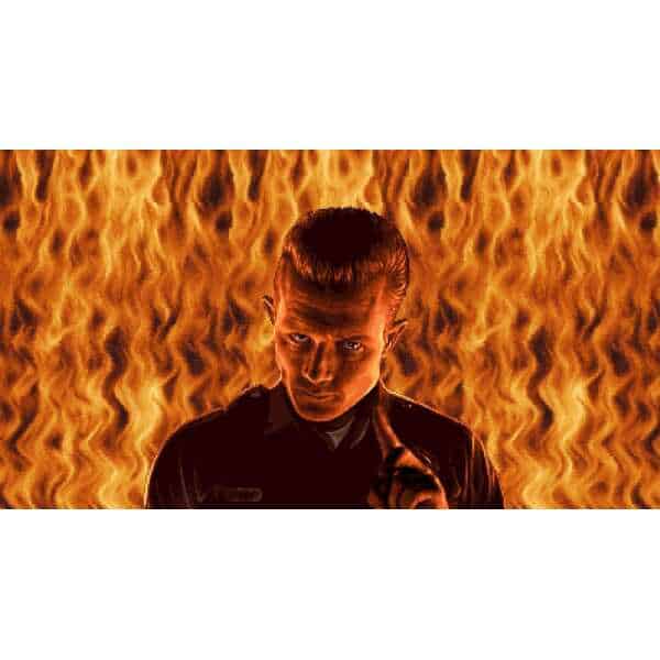 Dramatic gaming scene with a man in front of flames, emphasizing gaming and entertainment.