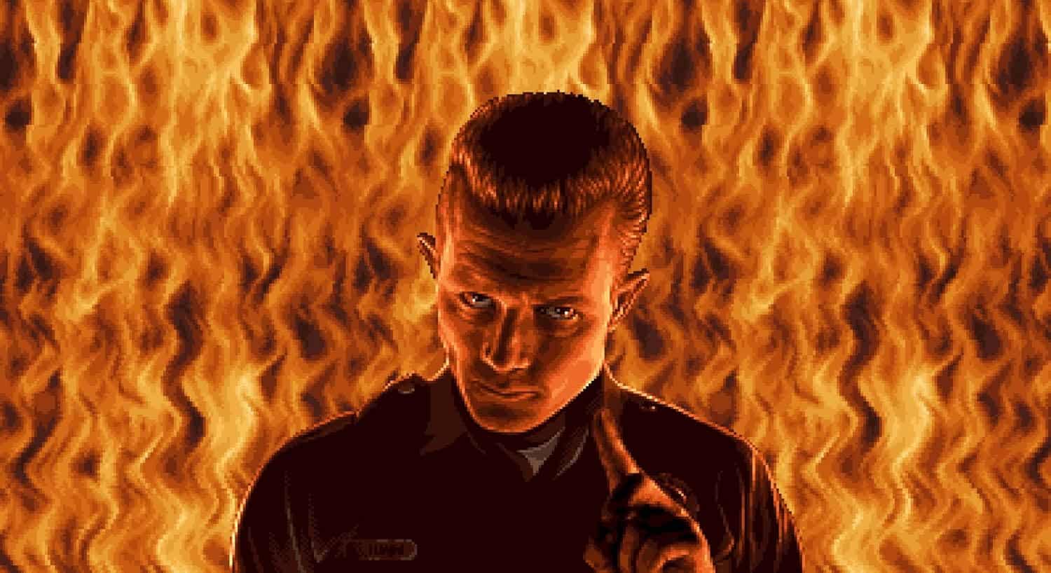Dramatic gaming scene with a man in front of flames, emphasizing gaming and entertainment.