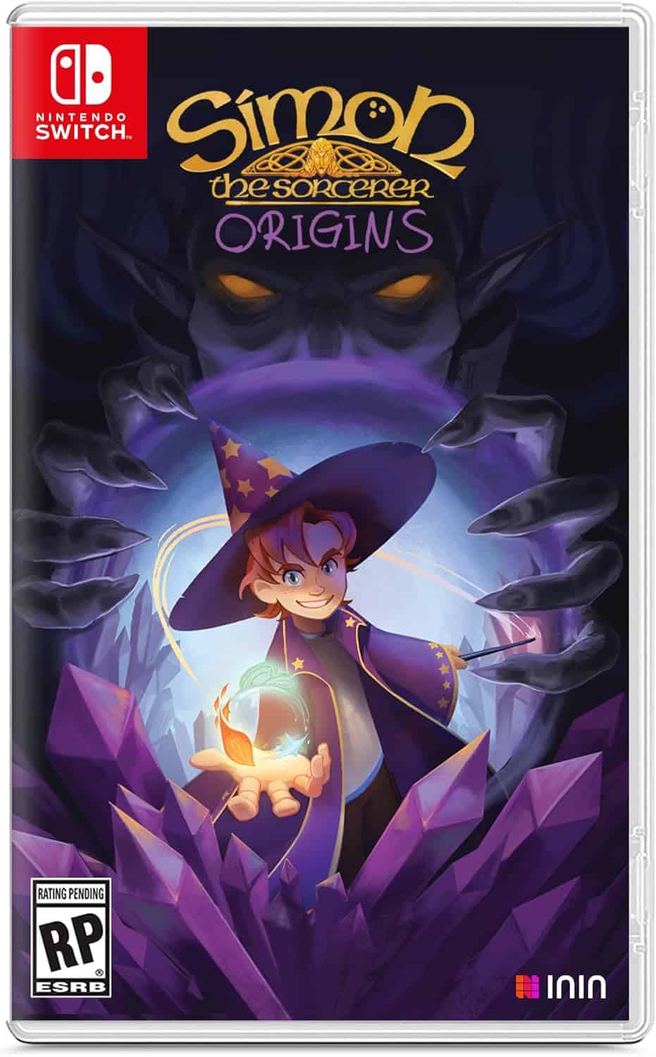 Simon the Sorcerer casting magic with dark shadowy figure behind him.