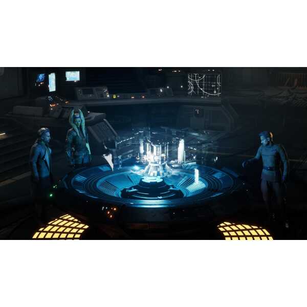 Star Wars Zero Company characters around holographic data table in spaceship.