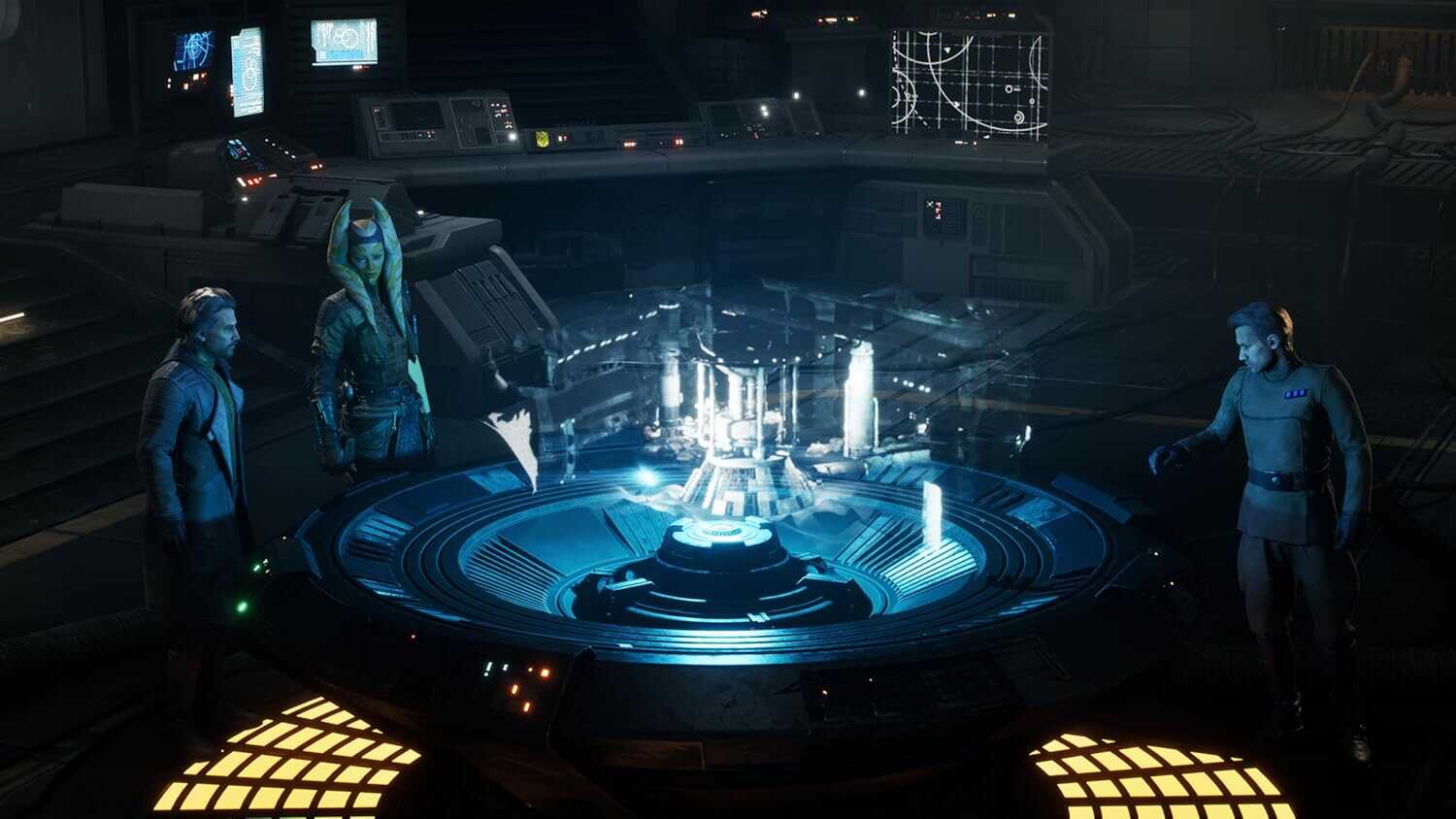 Star Wars Zero Company characters around holographic data table in spaceship.