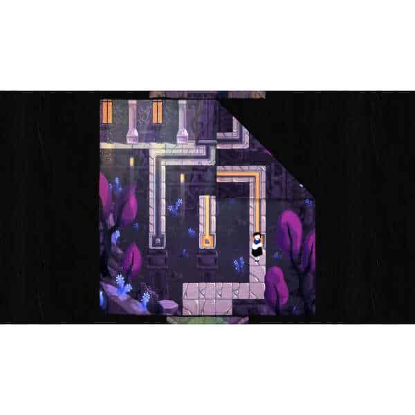 Intricate paper trail maze with purple and blue accents, digital art.