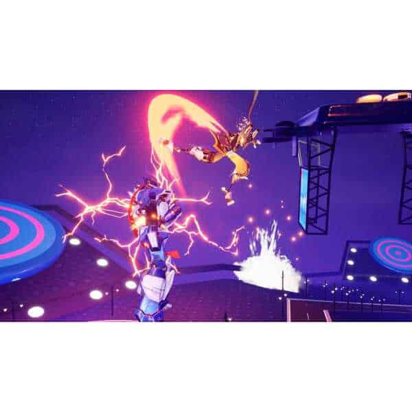 Ultraman battling in Super Mech League with lightning effects and futuristic arena.