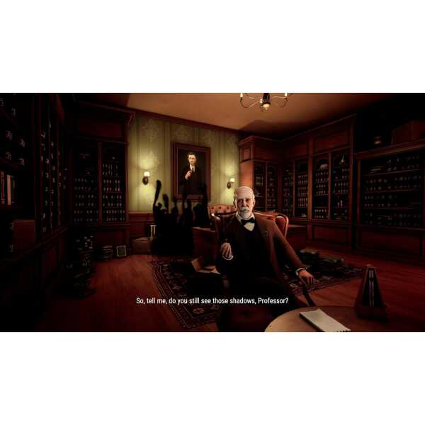 Professor in a dark, vintage library with shadowy figures and mysterious atmosphere.