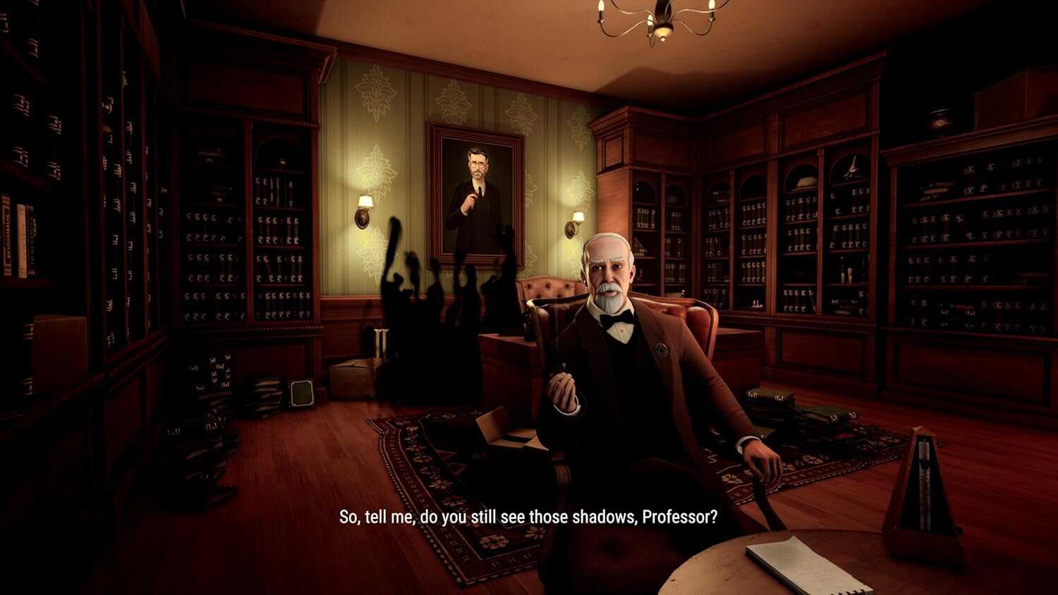Professor in a dark, vintage library with shadowy figures and mysterious atmosphere.