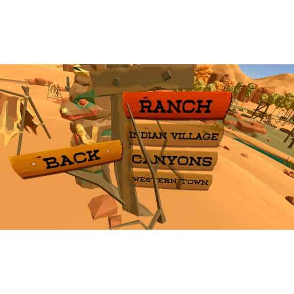 Signpost in a Wild West village with directions to ranch, Indian village, canyons, and western town.