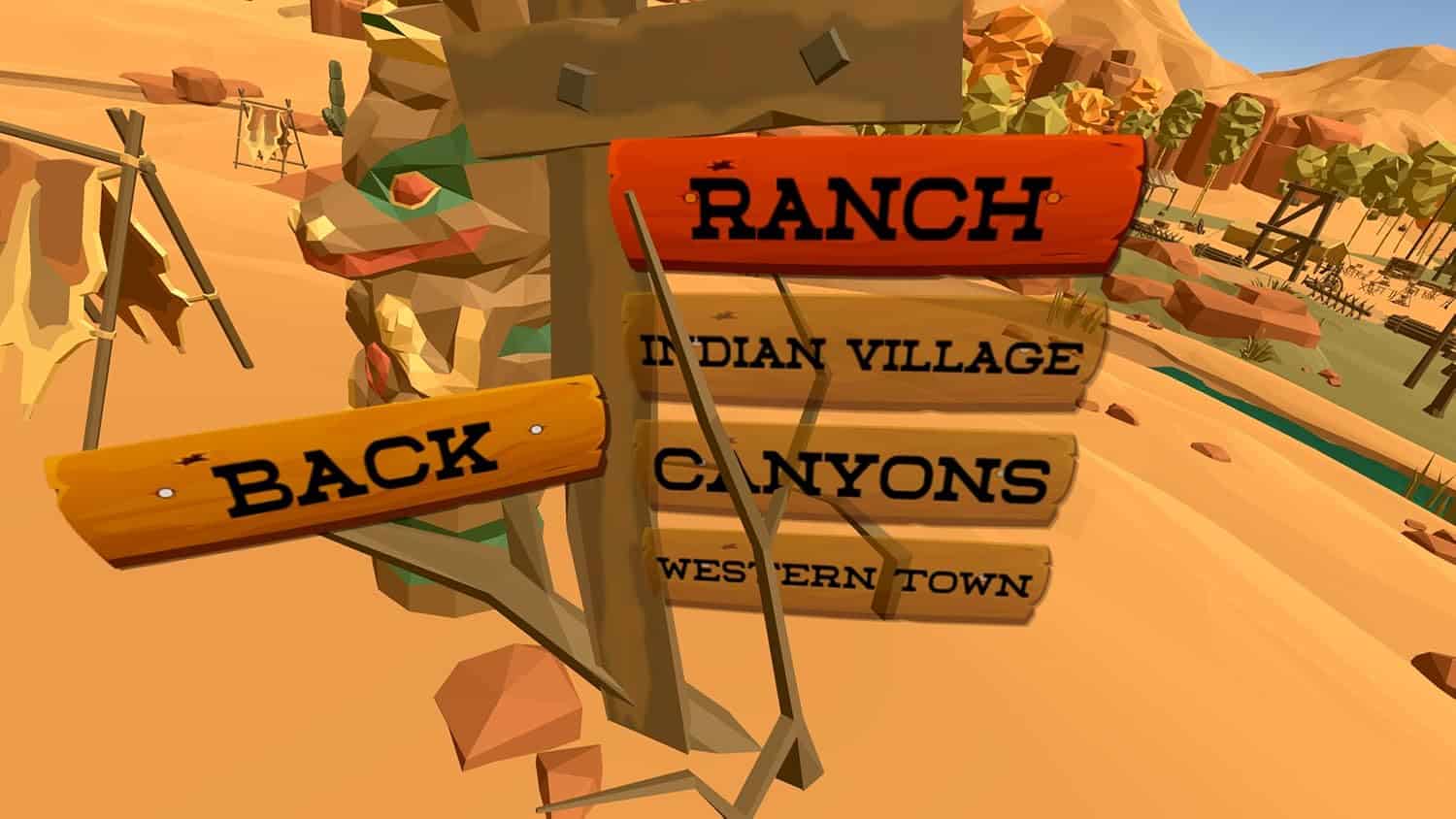 Signpost in a Wild West village with directions to ranch, Indian village, canyons, and western town.