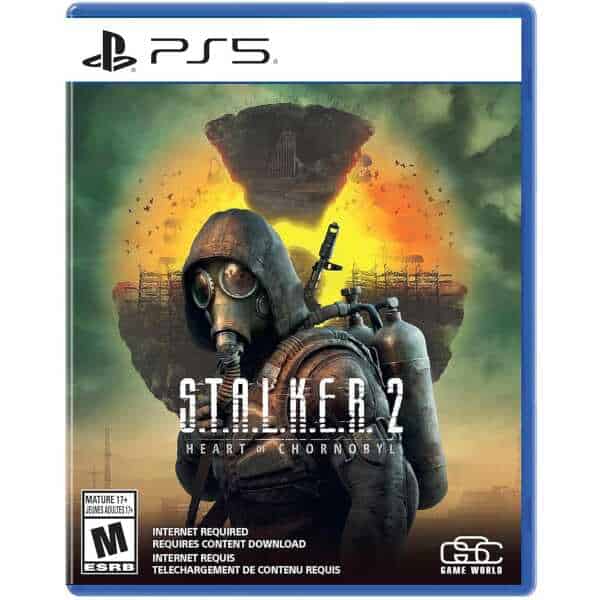 S.T.A.L.K.E.R. 2 Heart of Chornobyl game cover with a soldier in a gas mask and a nuclear explosion.
