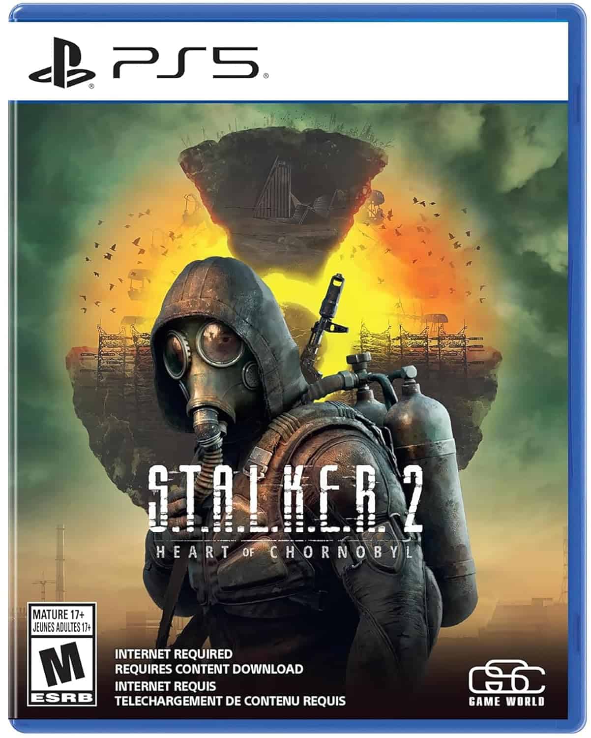 S.T.A.L.K.E.R. 2 Heart of Chornobyl game cover with a soldier in a gas mask and a nuclear explosion.