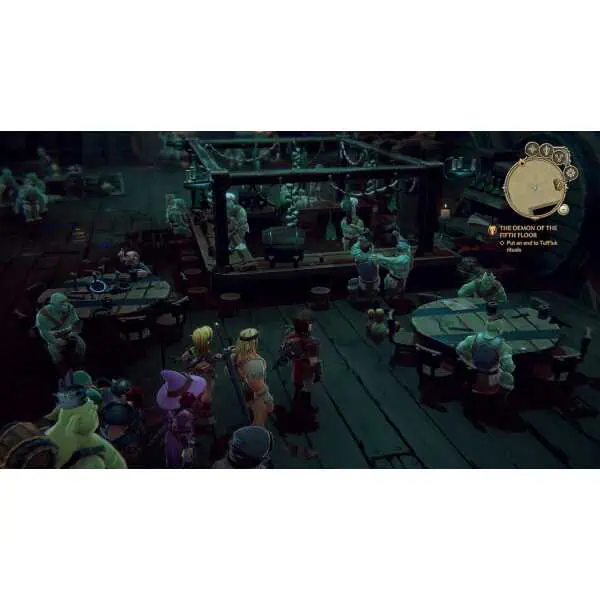 Fantasy game scene with characters in a dark, mystical tavern setting.