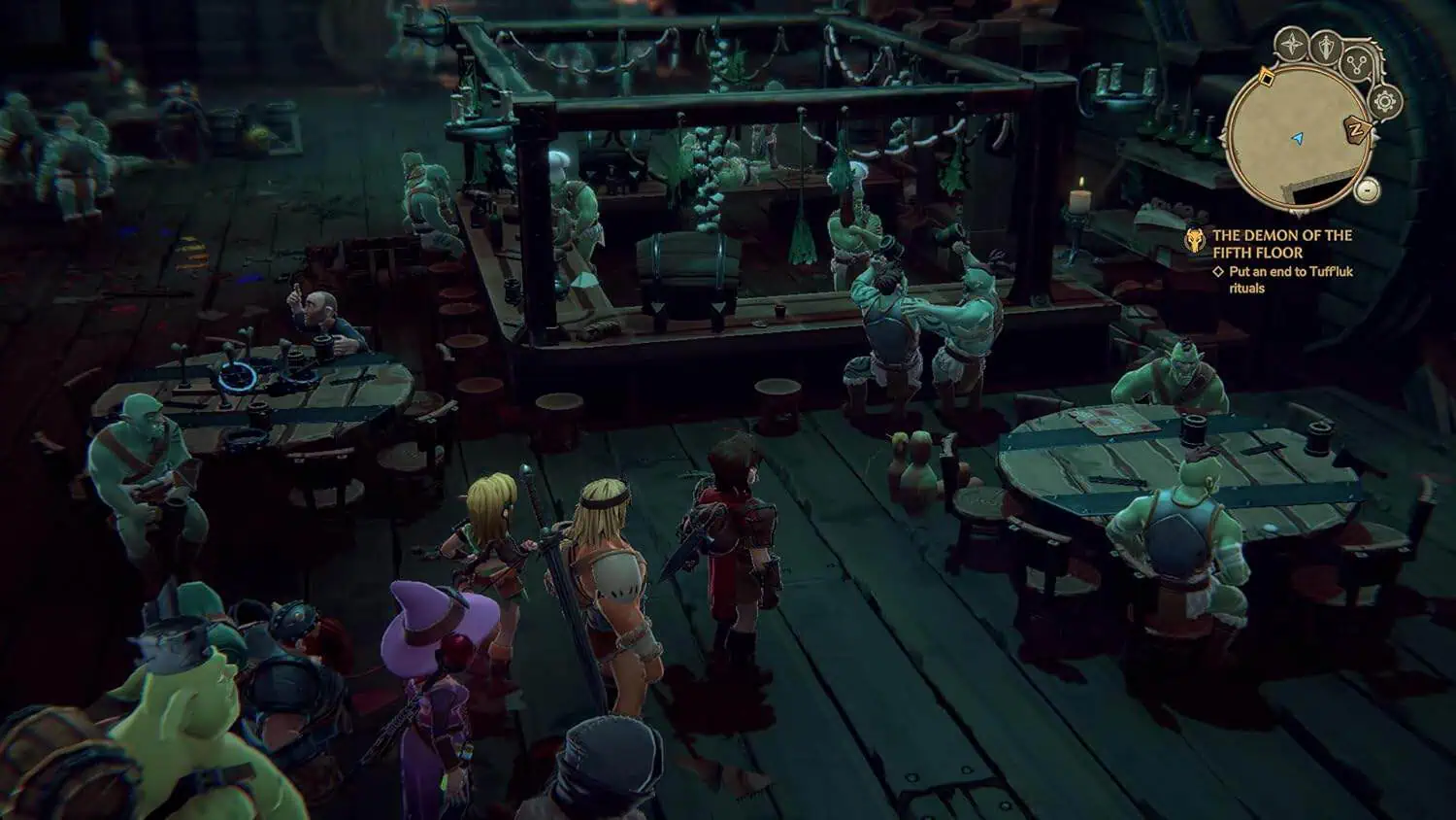 Fantasy game scene with characters in a dark, mystical tavern setting.
