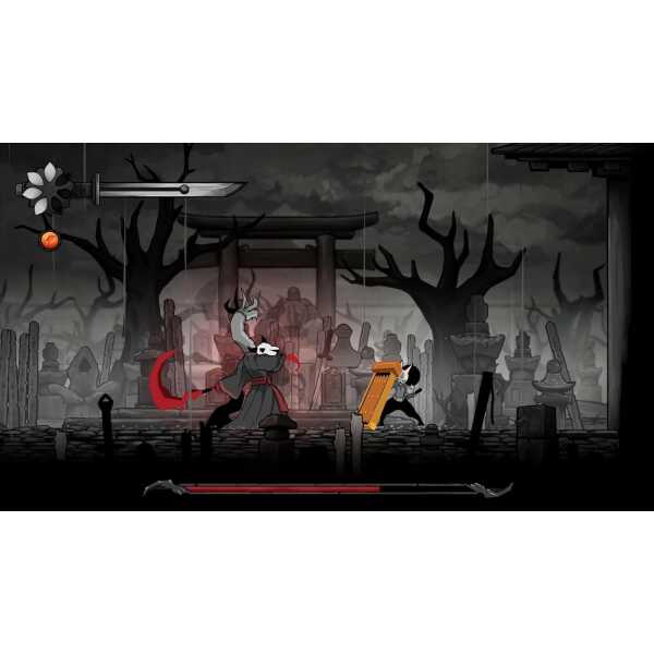Dark fantasy game scene with characters and eerie background.