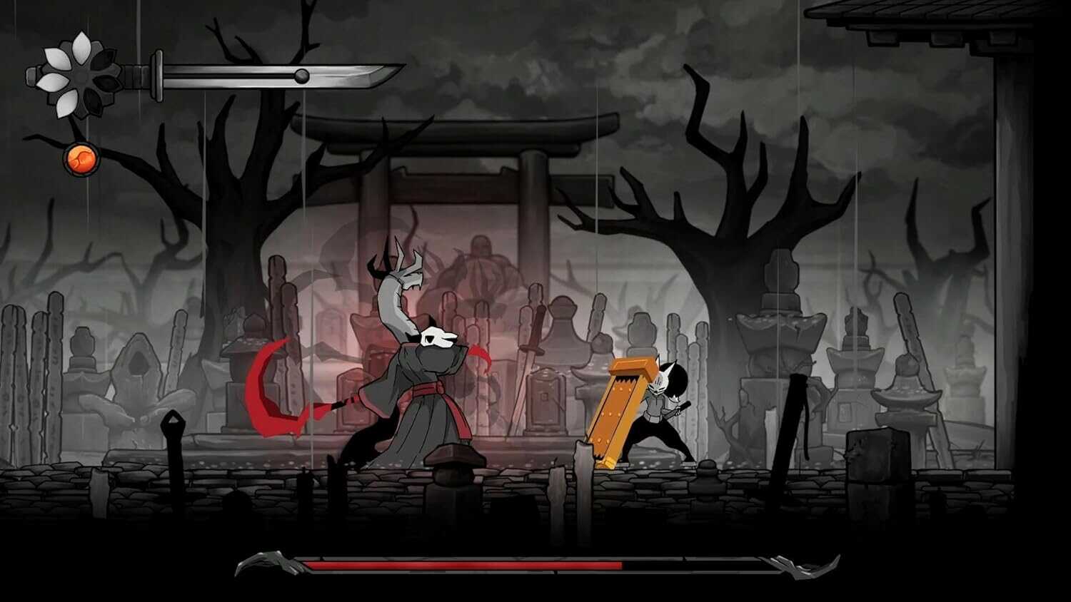 Dark fantasy game scene with characters and eerie background.