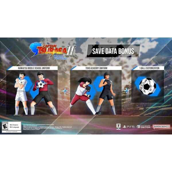 Kids wearing Nankatsu and Toho soccer uniforms with a customizable ball in a stadium setting.
