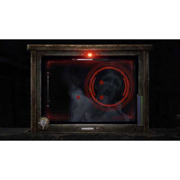Gaming console with advanced holographic interface and red targeting display for immersive gameplay.